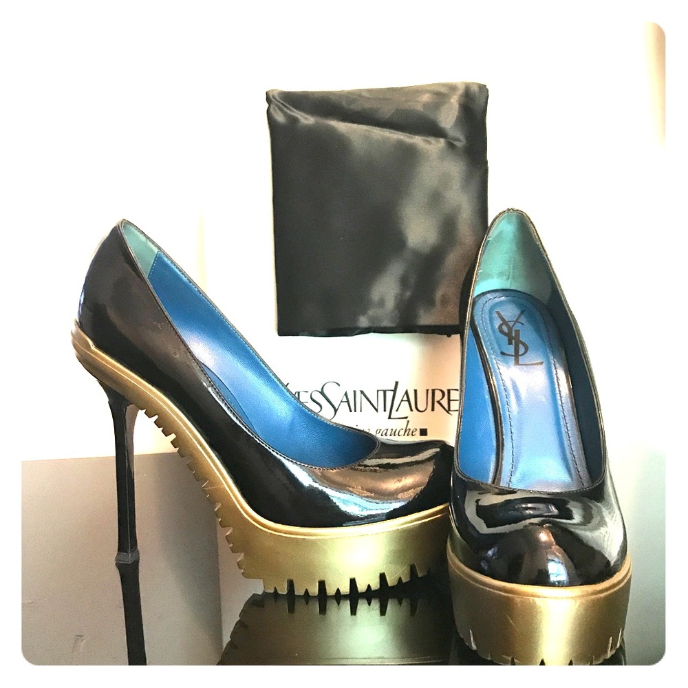 Saint Laurent Black & Gold Platform Patent Leather Heels Sz 41